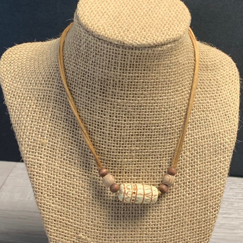 Boho Carved Barrel Bead Cord Necklace Wooden Accents Tan 15 Inch 4466